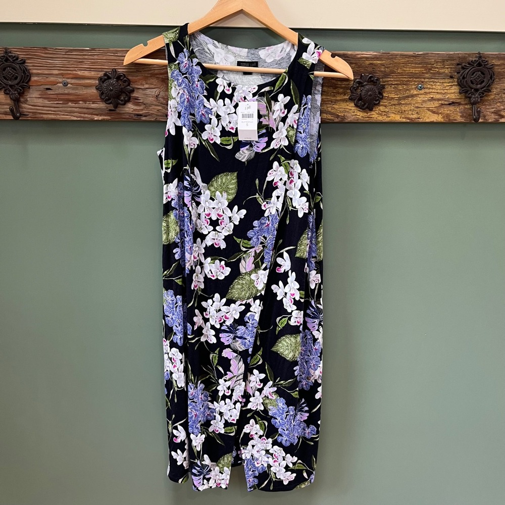 J. Jill Black Floral Midi Dress with Purple & White Blooms